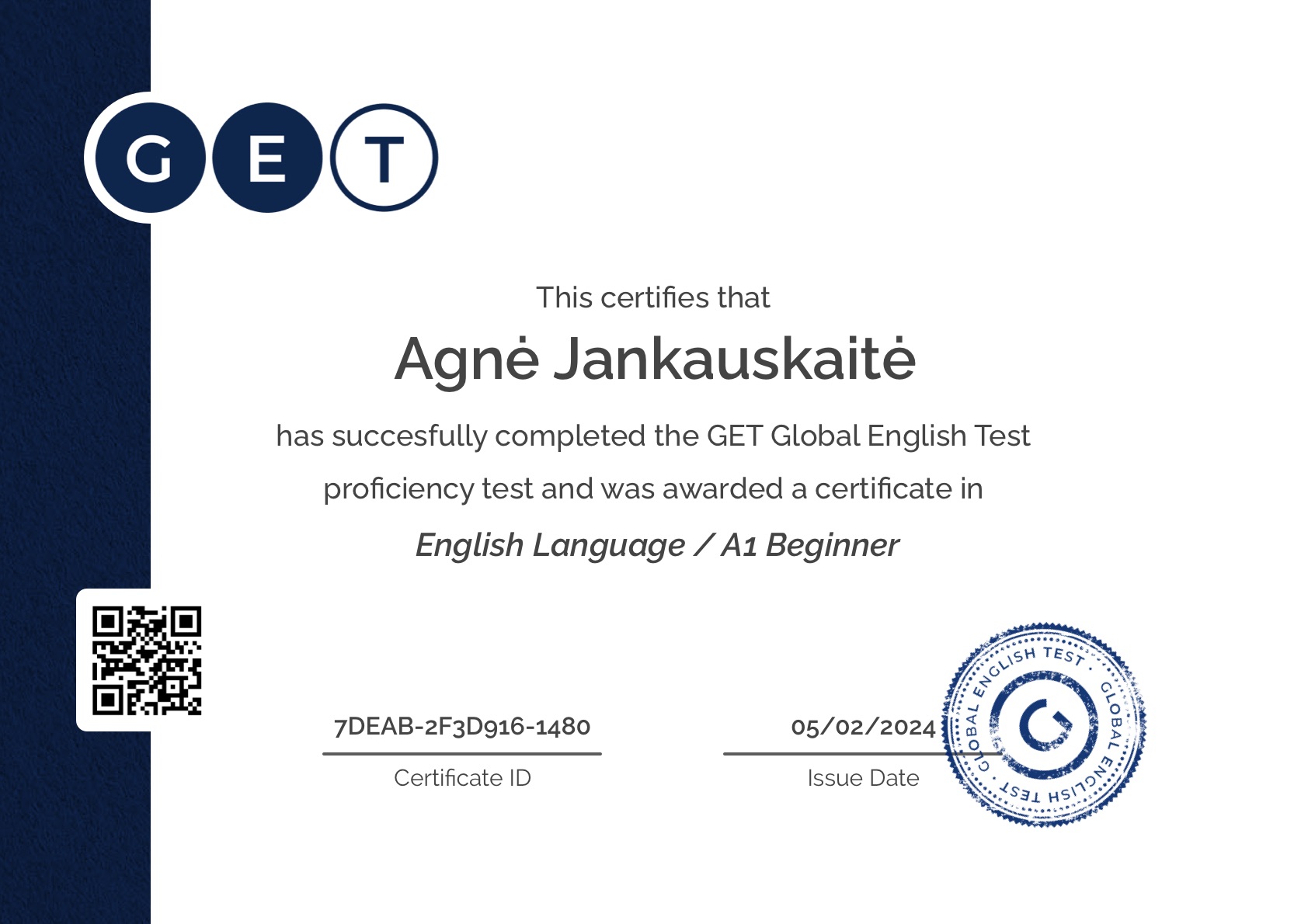 A1 English Level Certificate