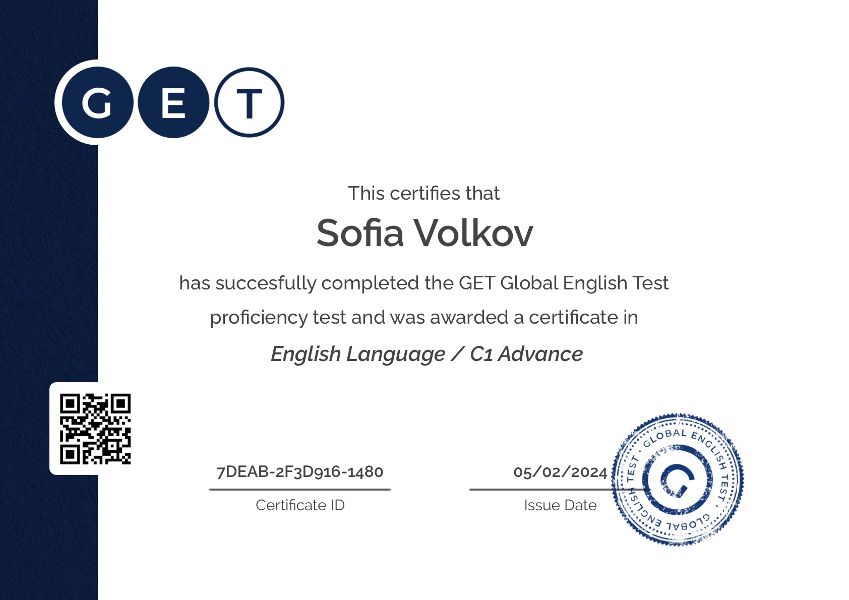 C1 Level English Certificate