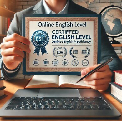 "An image of a person holding a certificate, with a laptop showing an online English level test on the screen. The background includes educational elements such as books and a world map, symbolizing global opportunities through certified English proficiency."