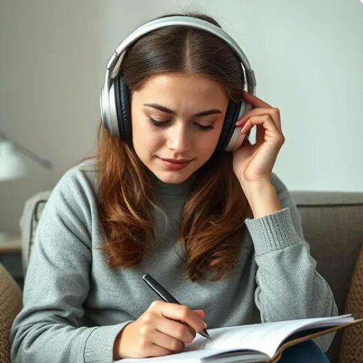 A girl who is listening an English Podcast